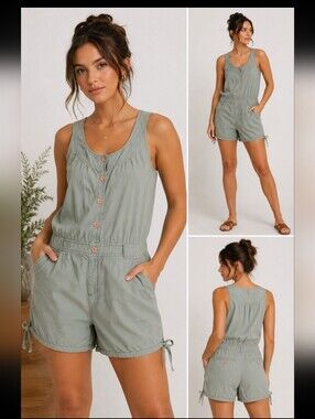 B+ab Cotton Sleeveless Romper Womens Size X/S Sage Green Utility Button Front